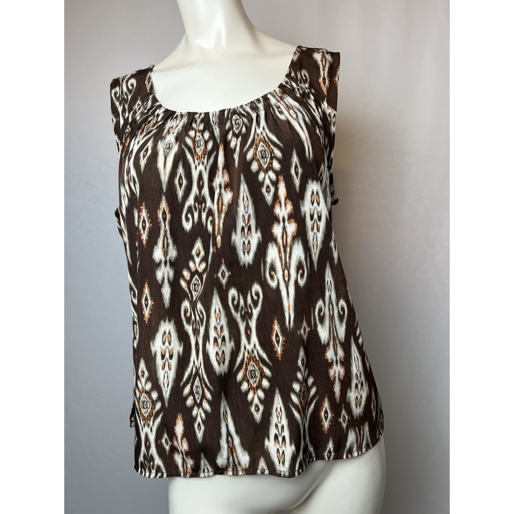 Chico's Size 2 Large Brown Khaki Ikat Print Sleeveless Polyester Tank Top